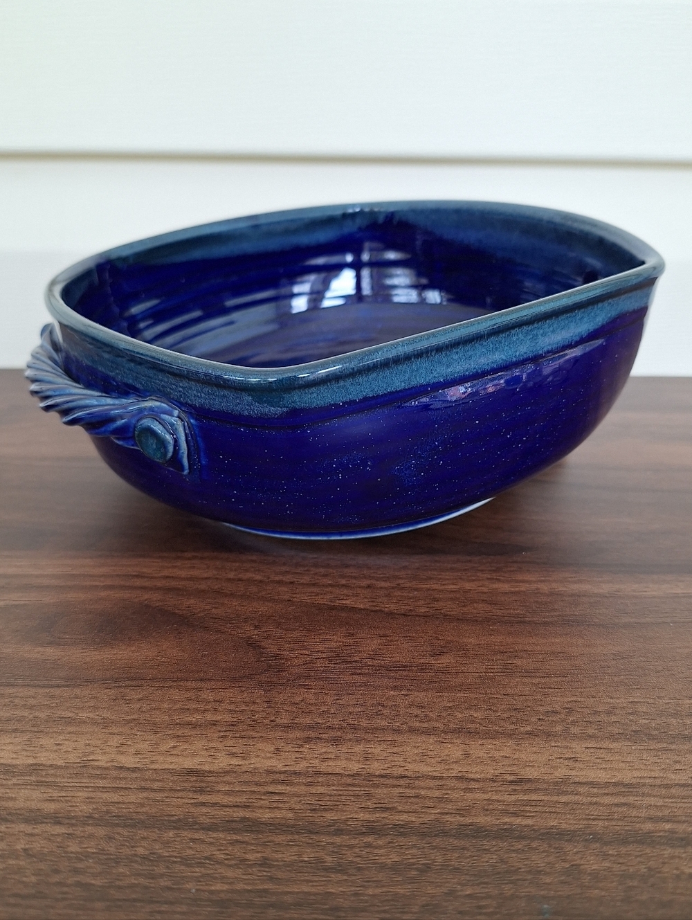 Glazed Speckled Cobalt Blue Studio Art Handmade Signed Pottery Bowl Twisted Rope